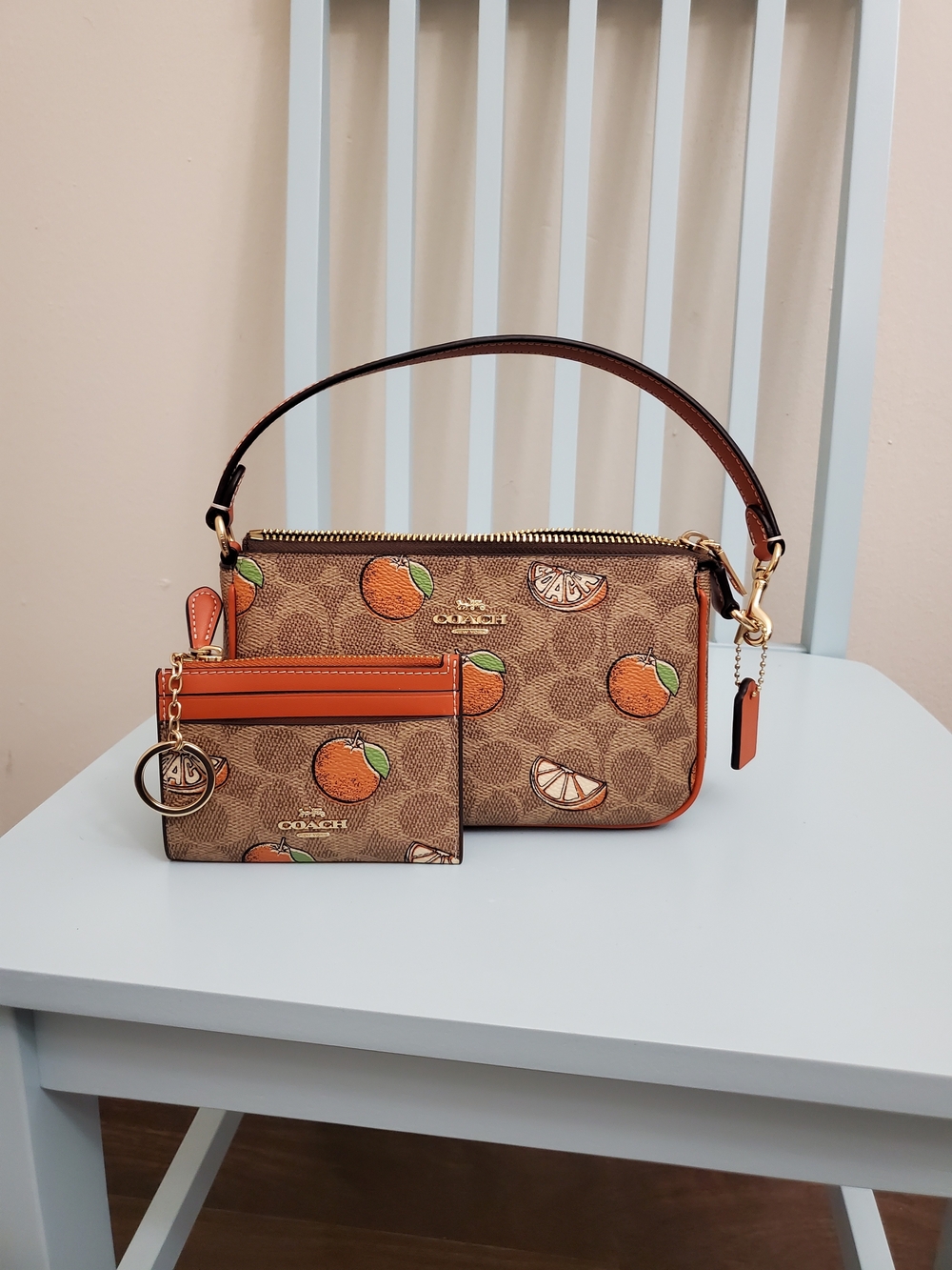 COACH Signature Orange Print Mini Shoulder Bag with Card Case - Brown/Orange